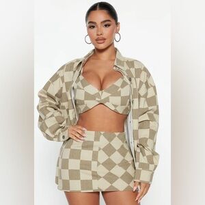 Fashion Nova Checkered Skirt Set - Olive and Tan